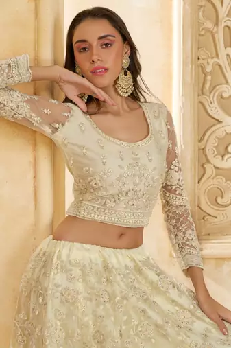 Off-White Cording & Thread Embroidered With Stone Work Net With Silk Inner Lehenga Choli For Bride