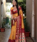 Yellow Bandhej Silk Saree,Minakari Weaving Butta Saree