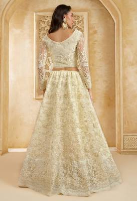 Off-White Cording & Thread Embroidered With Stone Work Net With Silk Inner Lehenga Choli For Bride 4