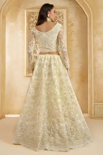 Off-White Cording & Thread Embroidered With Stone Work Net With Silk Inner Lehenga Choli For Bride