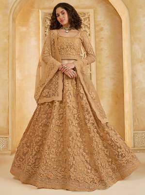 Spellbinding Golden Cording & Thread Embroidered With Stone Work Net With Silk Inner Lehenga Choli For Wedding 1