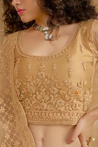 Spellbinding Golden Cording & Thread Embroidered With Stone Work Net With Silk Inner Lehenga Choli For Wedding