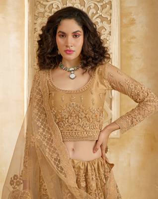Spellbinding Golden Cording & Thread Embroidered With Stone Work Net With Silk Inner Lehenga Choli For Wedding 3