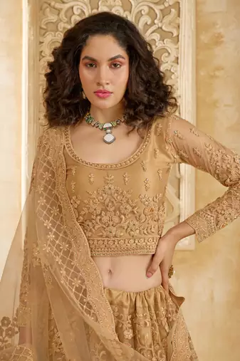 Spellbinding Golden Cording & Thread Embroidered With Stone Work Net With Silk Inner Lehenga Choli For Wedding