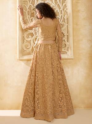 Spellbinding Golden Cording & Thread Embroidered With Stone Work Net With Silk Inner Lehenga Choli For Wedding 4