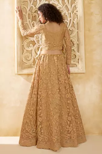 Spellbinding Golden Cording & Thread Embroidered With Stone Work Net With Silk Inner Lehenga Choli For Wedding