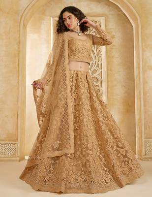 Spellbinding Golden Cording & Thread Embroidered With Stone Work Net With Silk Inner Lehenga Choli For Wedding 5
