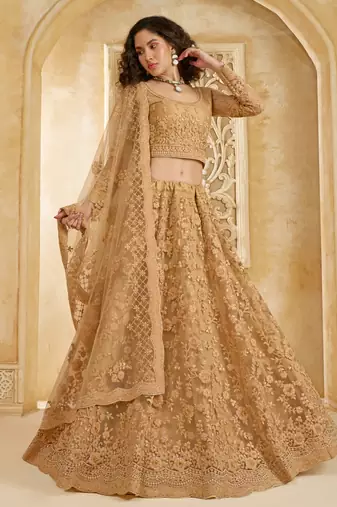 Spellbinding Golden Cording & Thread Embroidered With Stone Work Net With Silk Inner Lehenga Choli For Wedding