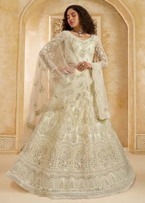 Off-White Cording & Thread Embroidered With Stone Work Net With Silk Inner Lehenga Choli For Bride 1