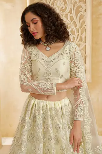 Off-White Cording & Thread Embroidered With Stone Work Net With Silk Inner Lehenga Choli For Bride
