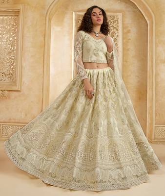 Off-White Cording & Thread Embroidered With Stone Work Net With Silk Inner Lehenga Choli For Bride 3