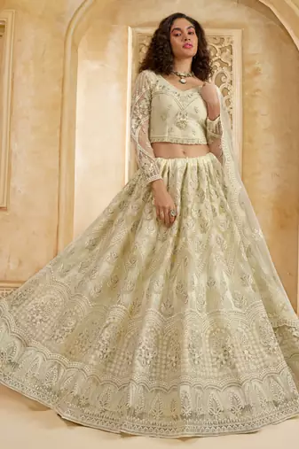 Off-White Cording & Thread Embroidered With Stone Work Net With Silk Inner Lehenga Choli For Bride