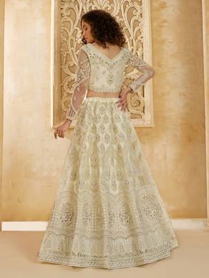 Off-White Cording & Thread Embroidered With Stone Work Net With Silk Inner Lehenga Choli For Bride 4