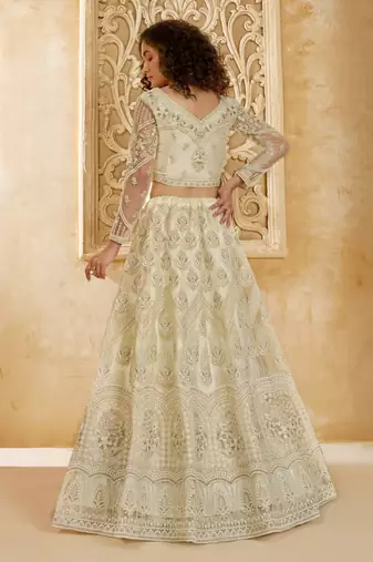 Off-White Cording & Thread Embroidered With Stone Work Net With Silk Inner Lehenga Choli For Bride