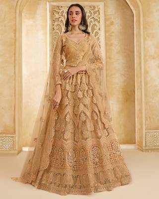 Spellbinding Golden Cording & Thread Embroidered With Stone Work Net With Silk Inner Lehenga Choli For Wedding 1