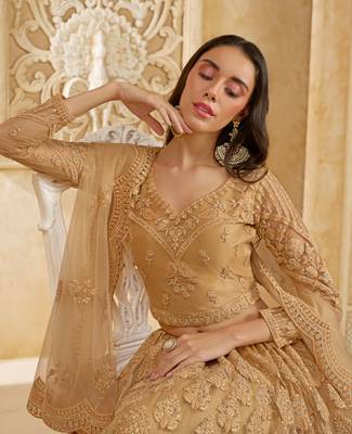 Spellbinding Golden Cording & Thread Embroidered With Stone Work Net With Silk Inner Lehenga Choli For Wedding 2