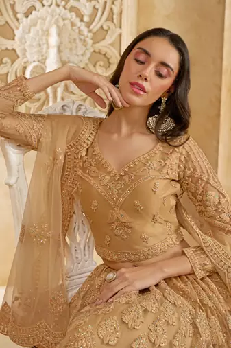 Spellbinding Golden Cording & Thread Embroidered With Stone Work Net With Silk Inner Lehenga Choli For Wedding