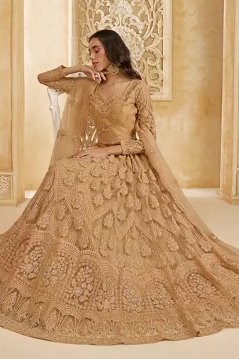 Spellbinding Golden Cording & Thread Embroidered With Stone Work Net With Silk Inner Lehenga Choli For Wedding