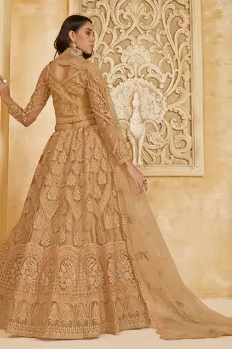 Spellbinding Golden Cording & Thread Embroidered With Stone Work Net With Silk Inner Lehenga Choli For Wedding