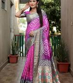 Light-purple Bandhej Silk Saree,Minakari Weaving Butta Saree