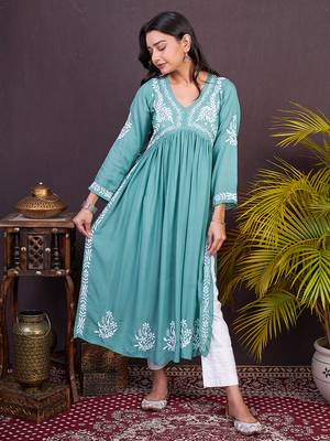 Green hand embroided modal a-line chikankari kurti 1