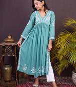 Green hand embroided modal a-line chikankari kurti
