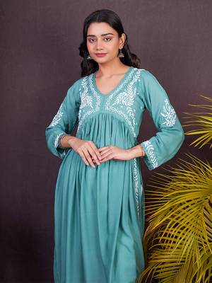 Green hand embroided modal a-line chikankari kurti 2