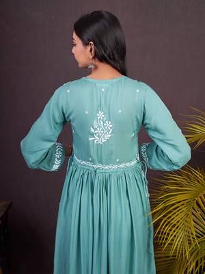 Green hand embroided modal a-line chikankari kurti 3