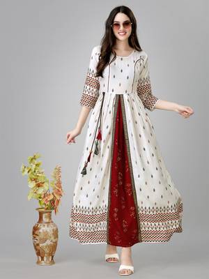 White rayon fabric beautiful designer printed with hand work long kurti 1
