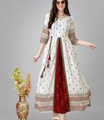 White rayon fabric beautiful designer printed with hand work long kurti