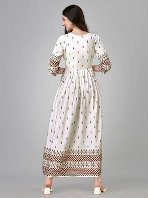 White rayon fabric beautiful designer printed with hand work long kurti 2
