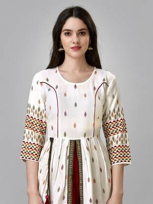 White rayon fabric beautiful designer printed with hand work long kurti 3