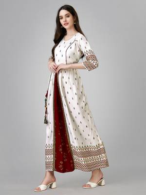 White rayon fabric beautiful designer printed with hand work long kurti 4