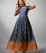 Desim blue rayon fabric beautiful designer printed with hand work long kurti