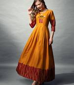 Mustard rayon fabric beautiful designer printed with hand work long kurti