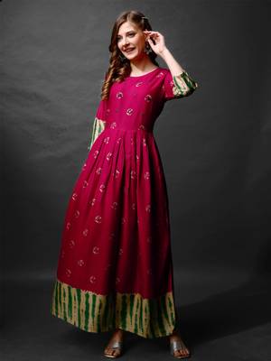 Pink rayon fabric beautiful designer printed with hand work long kurti 1