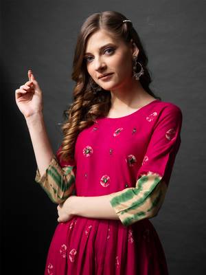 Pink rayon fabric beautiful designer printed with hand work long kurti 3