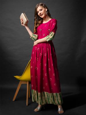 Pink rayon fabric beautiful designer printed with hand work long kurti 4