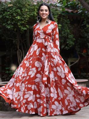 Orange beautiful designer floral printed long gown for partywear looks 1