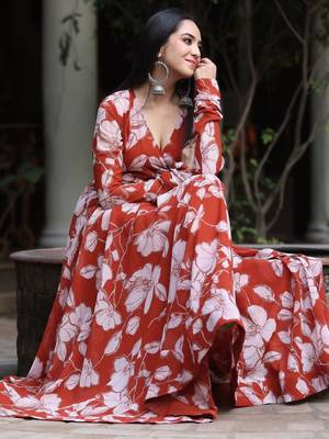 Orange beautiful designer floral printed long gown for partywear looks 2