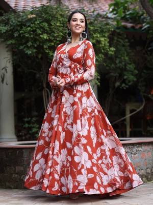 Orange beautiful designer floral printed long gown for partywear looks 3