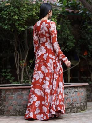 Orange beautiful designer floral printed long gown for partywear looks 4