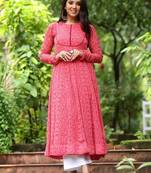 Pink beautiful designer floral printed long gown for partywear looks