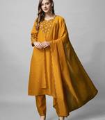 Mustard cotton blend readymade dress with designer embroidery work