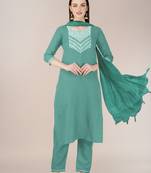 Teal green cotton blend sophisticated partywear suit for girlie looks