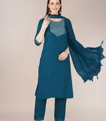 Teal blue cotton blend sophisticated partywear suit for girlie looks