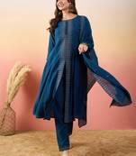 Blue beautiful woven silk readymade suit with festive thread embroidery work
