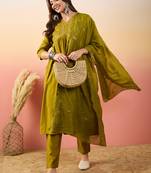 Green beautiful woven silk readymade suit with festive thread embroidery work