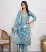 Blue viscoce silk fabric designer embroidery work salwar kameez for ceremonial looks