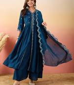 Blue beautiful woven silk readymade suit with festive thread embroidery work